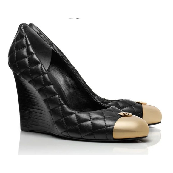 Tory Burch Kaitlin Quilted Leather Gold Cap Toe Wedge Pumps Black/Gold Women 7.5 - Picture 1 of 9